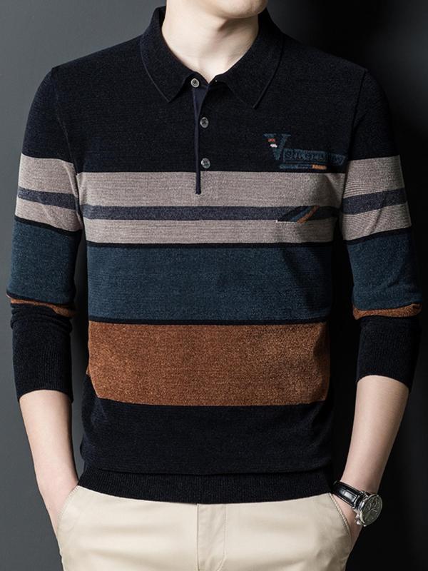 Men's Striped & Letter Print Polo Shirt, Casual Long Sleeve Half Button Top for Fall & Winter, Men's Clothes for Daily Wear