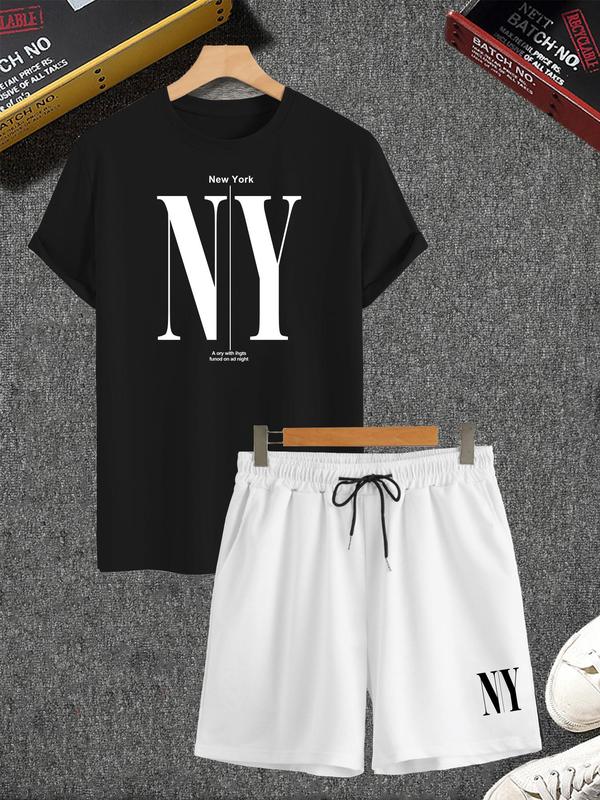 2 Counts Men's Letter Print Tee & Drawstring Waist Shorts Set, Regular Fit Round Neck Short Sleeve T-shirt & Track Shorts, Men's 2 Piece Short Set, Casual Fashion Cozy Breathable Men Back To School Two-piece Outfits for Summer