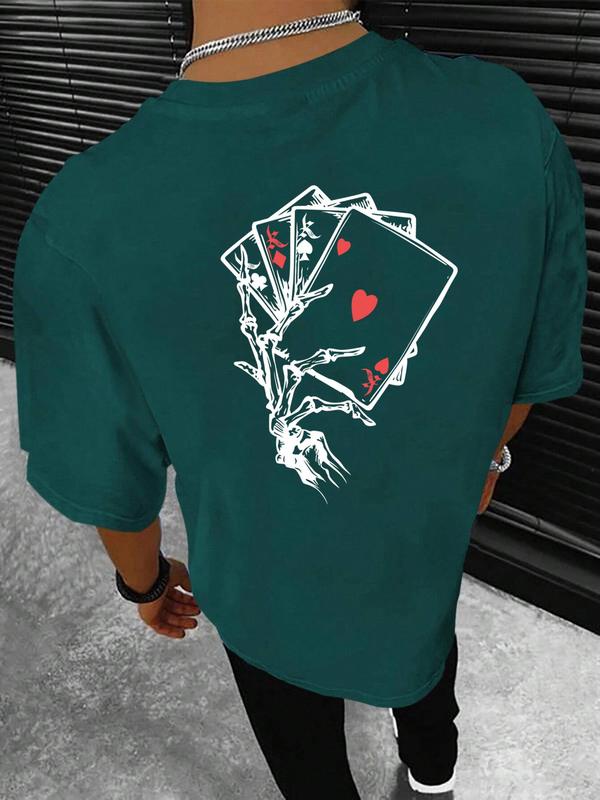 Unisex Men's Playing Card Print Drop Shoulder Tee, Vintage 90s Tops, Regular Fit Casual Comfy Short Sleeve Round Neck T-Shirt for Summer, Menswear for Daily Wear