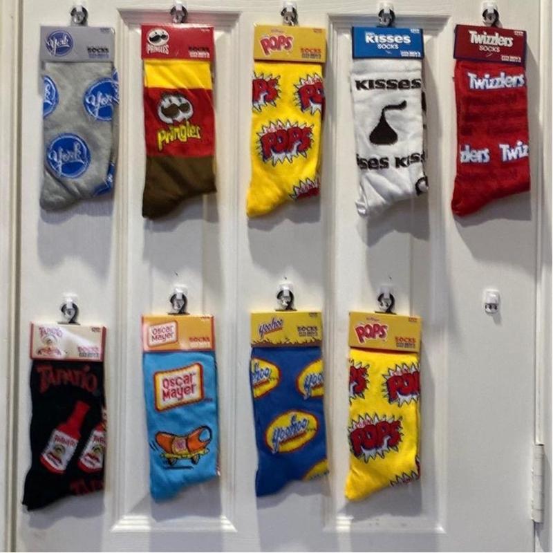 Sold per pair Crazy Socks, re-stocked, 15 different styles available Novelty - unisex - us size 6-12 , 97% Polyester   3%Spandex - Comfortable Breathable Unisex. Menswear, Flash sale. Buy 1 get one free as low as 3.5 per pair. Til end of August.