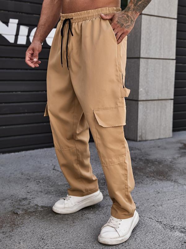 Plus Size Plain Drawstring Elastic Waist Cargo Pants, Plus Regular Fit Casual Comfy Pocket Trousers for Daily Wear, Fashion Men's Plus Bottoms for All Seasons