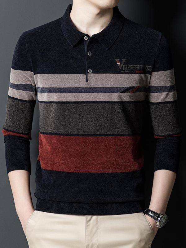 Men's Striped & Letter Print Polo Shirt, Casual Long Sleeve Half Button Top for Fall & Winter, Men's Clothes for Daily Wear