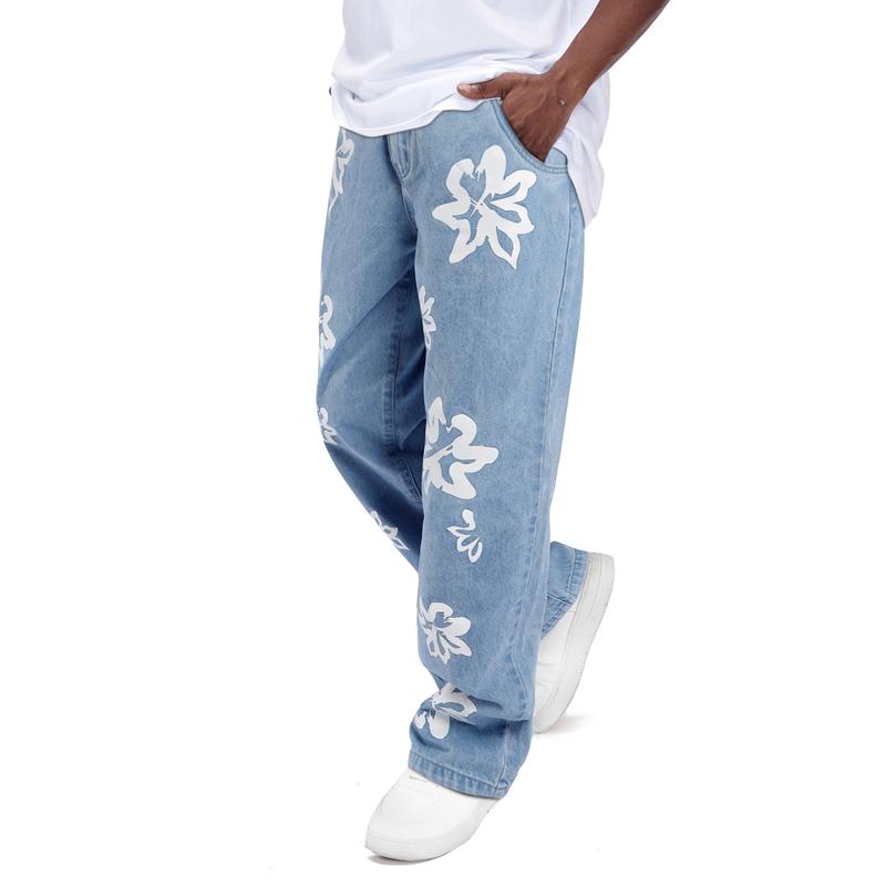 GINGTTO Mens Denim Pants Straight Leg Stretch Printing Street Hip Hop Jeans Streetwear