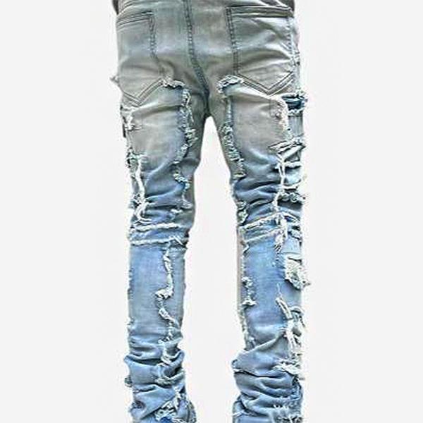 Men's Rugged Slim-Fit Jeans - Comfort Stretch Fabric, Distressed Patchwork Design, Frayed & Stacked Straight Leg, Modern Skinny Denim Pants