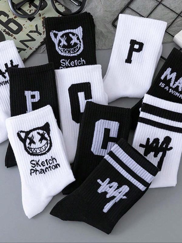 Men's Striped & Letter & Cartoon Graphic Print Crew Socks, Casual Soft Comfy Breathable Socks for All Seasons Daily Wear, Men's Socks