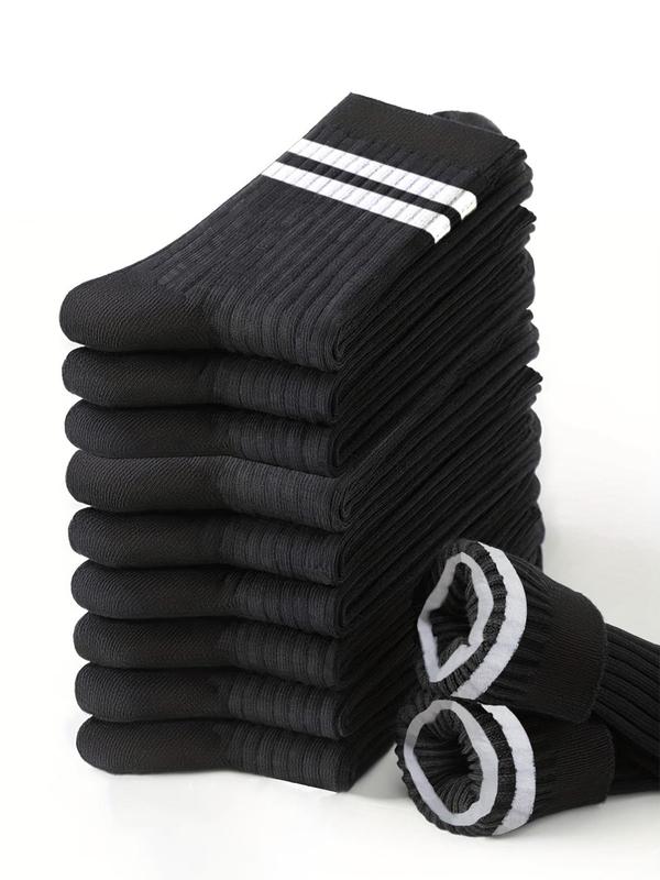 Men's Striped Print Crew Socks, Casual Comfortable Breathable Cozy Mid-calf Socks for Daily Wear, 10 Pairs Multipack Knit Socks for Spring & Fall