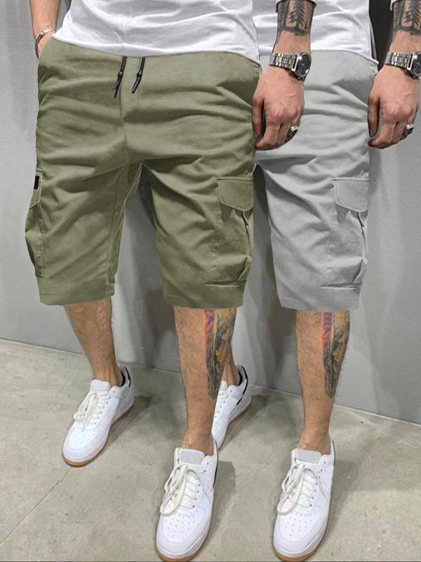 Men's Plain Drawstring Waist Cargo Shorts, Casual Streetwear Pocket Shorts, Back to School Outfits, Summer Regular Fit Beach Shorts for Men