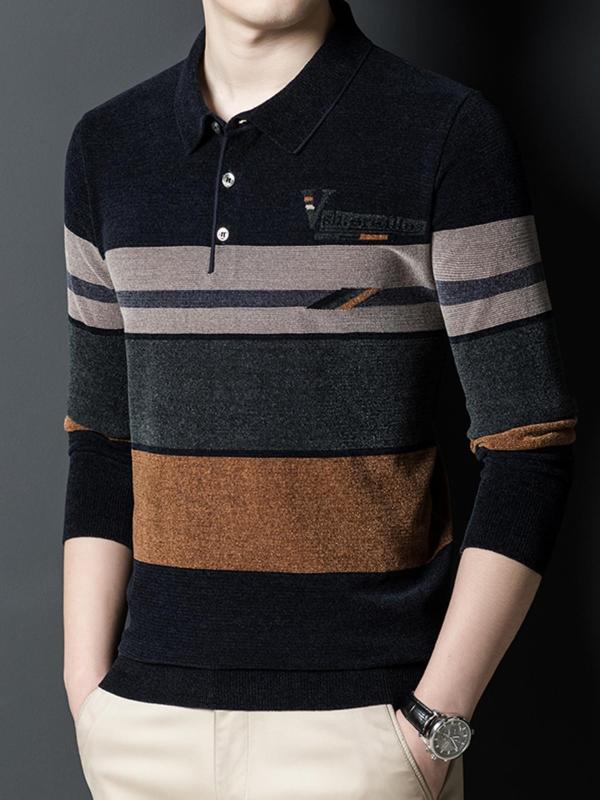 Men's Striped & Letter Print Polo Shirt, Casual Long Sleeve Half Button Top for Fall & Winter, Men's Clothes for Daily Wear