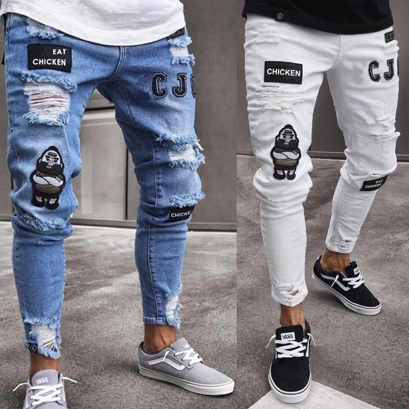 White Embroidery Skinny Ripped Jeans Men Cotton Stretchy Slim Fit Hip Hop Denim Pants Casual Jeans for Men Jogging Trousers