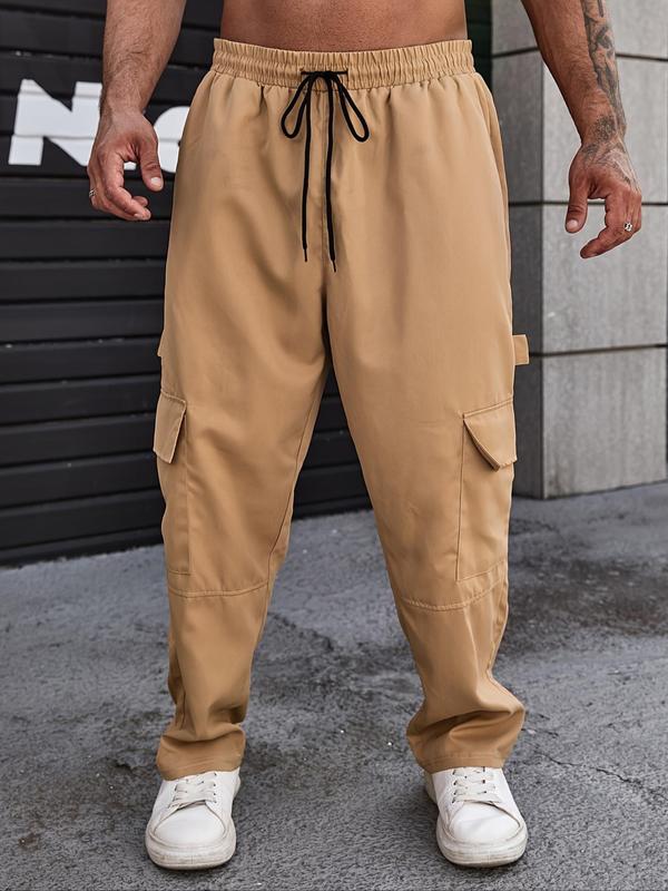 Plus Size Plain Drawstring Elastic Waist Cargo Pants, Plus Regular Fit Casual Comfy Pocket Trousers for Daily Wear, Fashion Men's Plus Bottoms for All Seasons