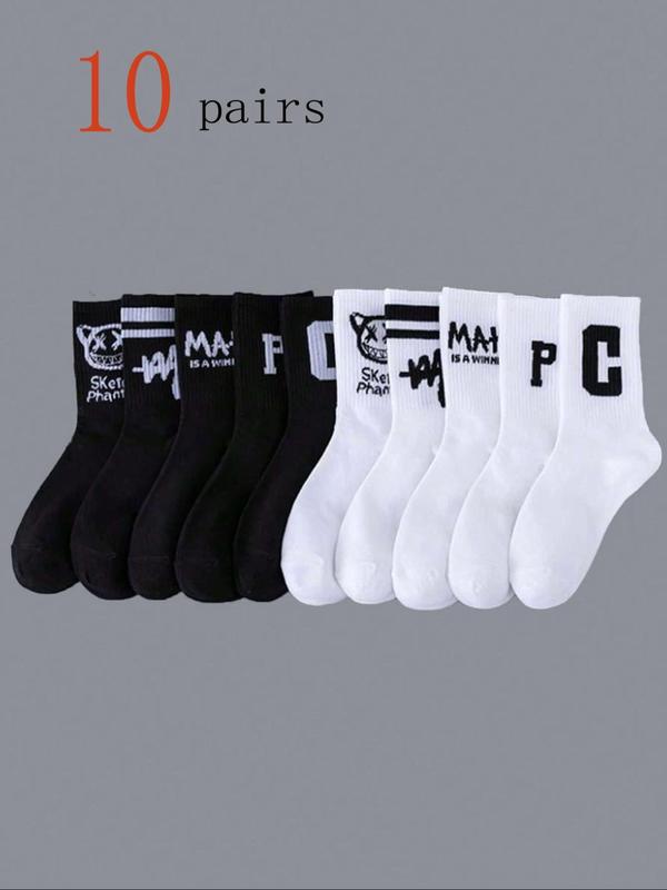 Men's Striped & Letter & Cartoon Graphic Print Crew Socks, Casual Soft Comfy Breathable Socks for All Seasons Daily Wear, Men's Socks