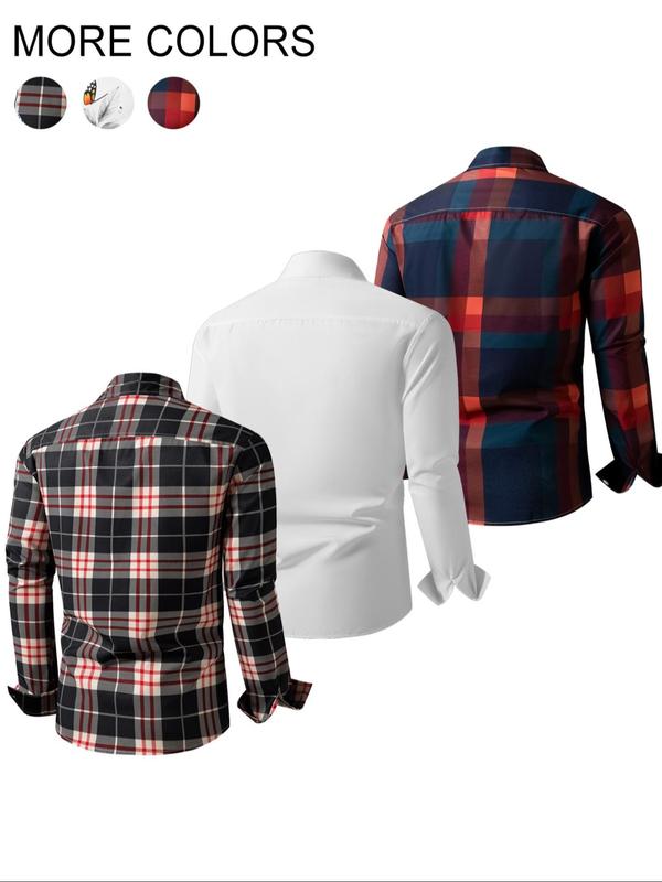 Men's Random Plaid Print Button Front Shirt, Casual Regular Fit Long Sleeve Collared Top for Fall & Winter, Men's Clothes for Daily Wear