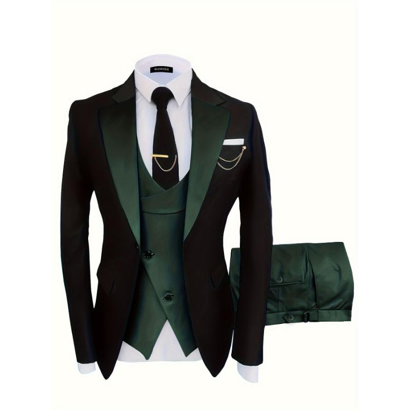 3 pieces Men's Formal Suit Set - One Button Jacket, Vest, and Pants for Business, Dinner, Wedding Parties - Classic and Elegant Look Menswear Collar