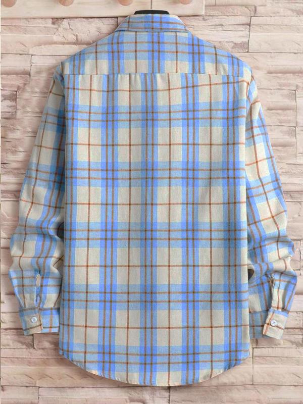 Men's Plaid Print Button Front Shirt, Casual Regular Fit Long Sleeve Collared Top for Fall & Winter, Men's Clothes for Daily Wear