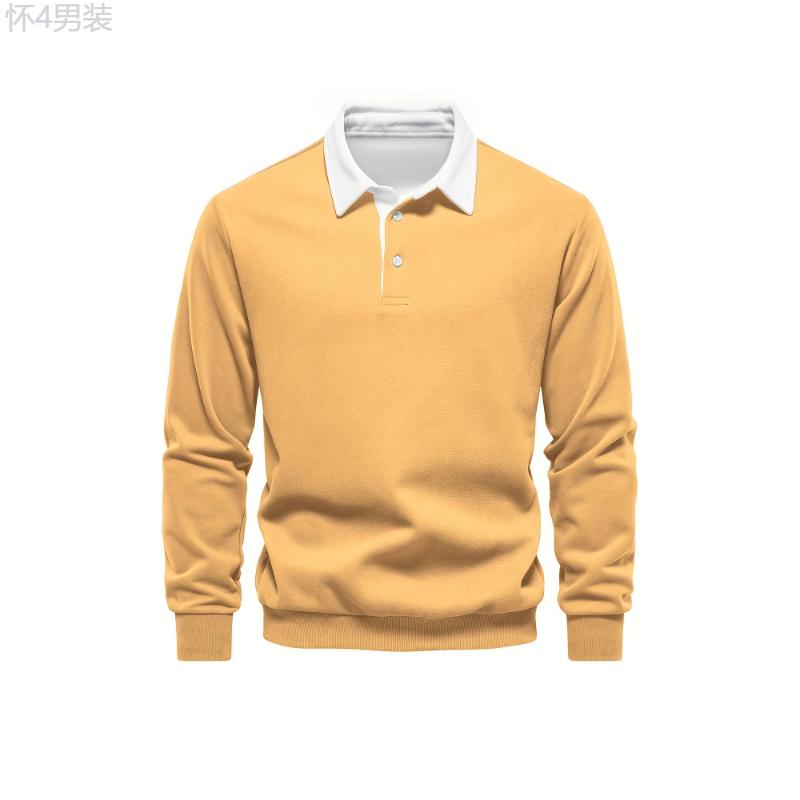 Cotton Blend Retro Color Block Men's Casual Pullover Long Sleeve Lapel Shirt For Spring Fall, Men's Clothing Collar Fabric