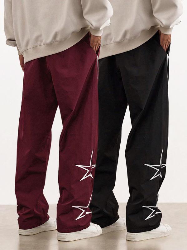 Men's Star Embroidery Drawstring Waist Sweatpants, Casual Loose Pocket Straight Leg Trousers for Daily Wear, Men's Bottoms for All Seasons, Pro Club Sweatpants