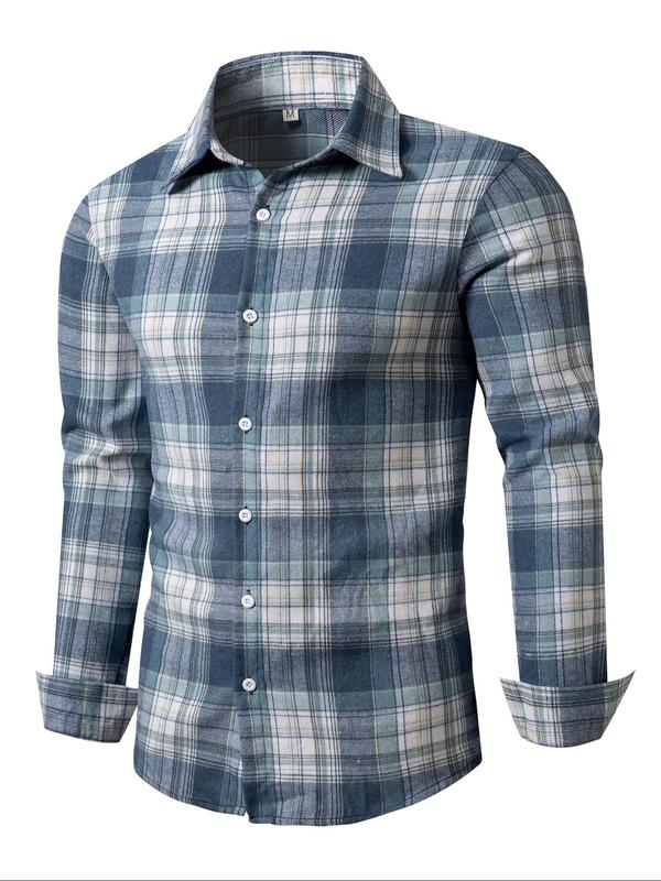 Men's Random Plaid Print Button Front Shirt, Casual Regular Fit Long Sleeve Collared Top for Fall & Winter, Men's Clothes for Daily Wear