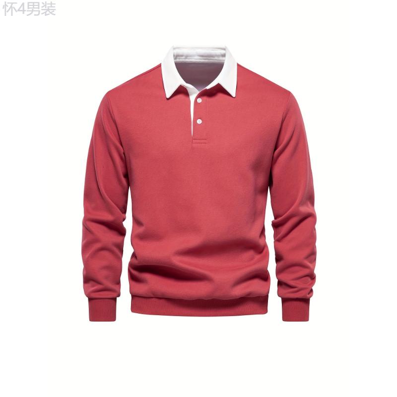 Cotton Blend Retro Color Block Men's Casual Pullover Long Sleeve Lapel Shirt For Spring Fall, Men's Clothing Collar Fabric