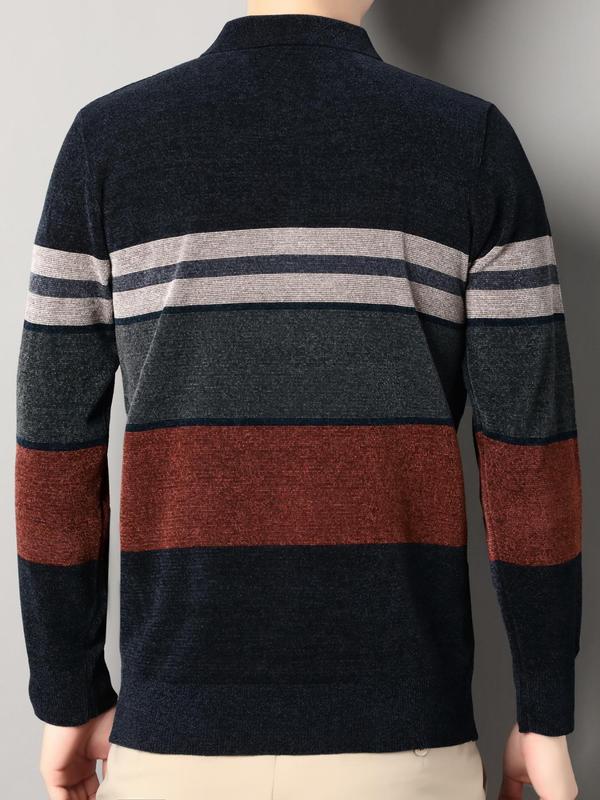 Men's Striped & Letter Print Polo Shirt, Casual Long Sleeve Half Button Top for Fall & Winter, Men's Clothes for Daily Wear