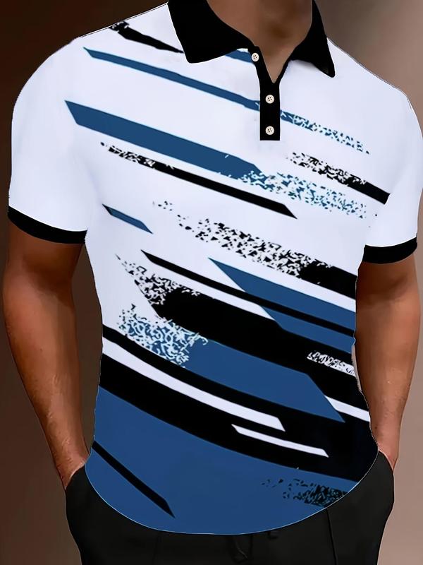 Men's Regular Fit Geometric Print Polo Shirt, Casual Short Sleeve Button Front Top for Summer, Fashion Men's Clothes for Daily Wear