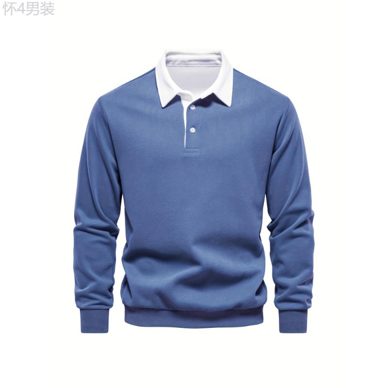 Cotton Blend Retro Color Block Men's Casual Pullover Long Sleeve Lapel Shirt For Spring Fall, Men's Clothing Collar Fabric