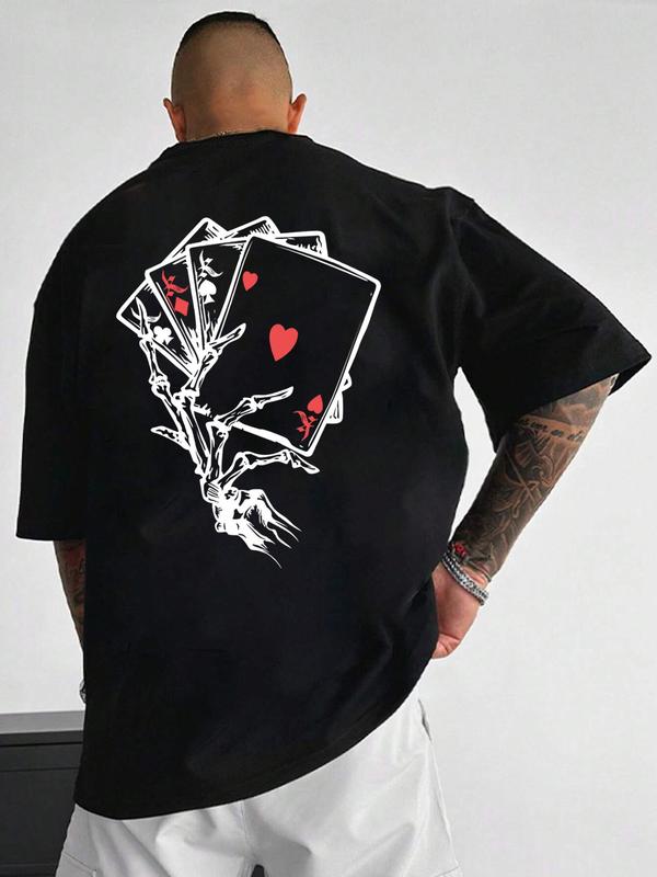 Unisex Men's Playing Card Print Drop Shoulder Tee, Vintage 90s Tops, Regular Fit Casual Comfy Short Sleeve Round Neck T-Shirt for Summer, Menswear for Daily Wear