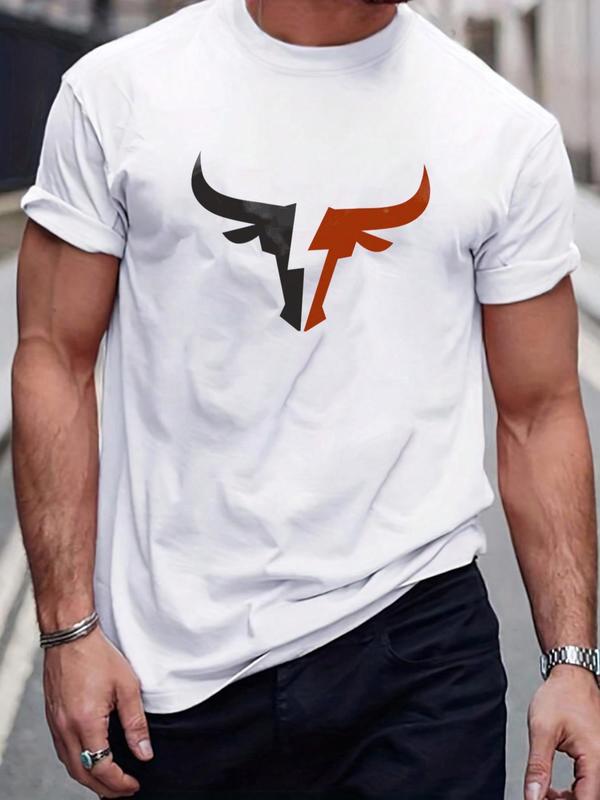 Men's Bull Print Round Neck Tee, Regular Fit Casual Streetwear Short Sleeve Graphic T-shirt, Men's Summer Clothes Tops for for Daily Wear, Summer Outfits 2024