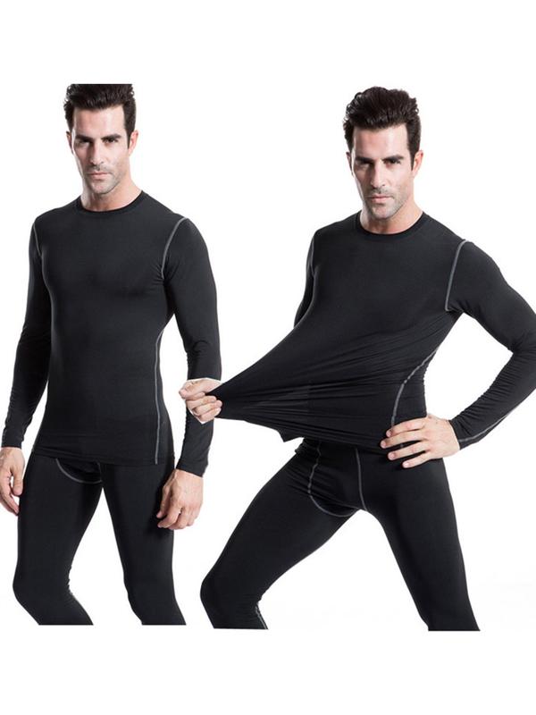 Men's Contrast Binding Long Sleeve Thermal Underwear Set, Casual Round Neck Top & Leggings, Comfy Men's Underwear Set for Fall & Winter