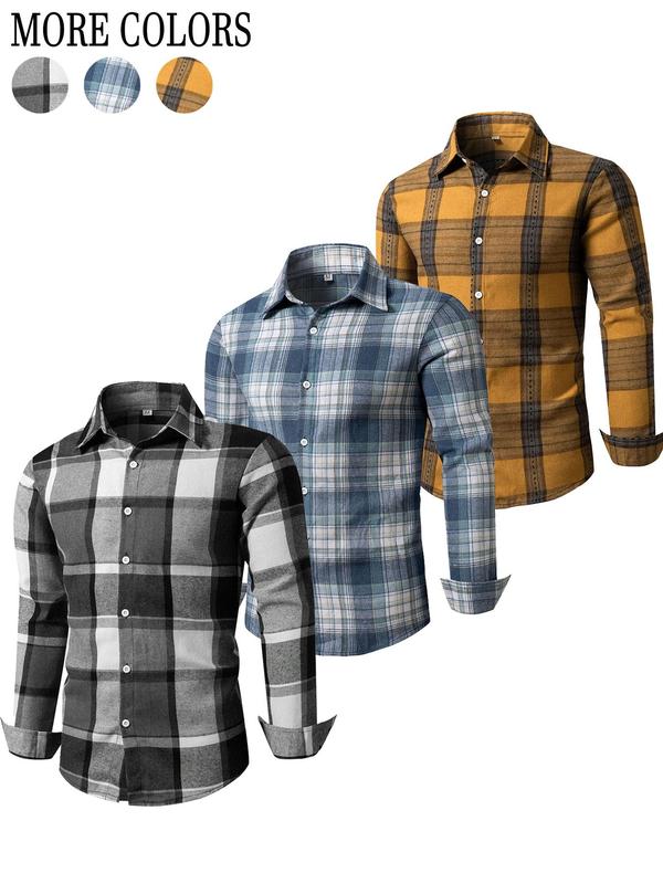 Men's Random Plaid Print Button Front Shirt, Casual Regular Fit Long Sleeve Collared Top for Fall & Winter, Men's Clothes for Daily Wear