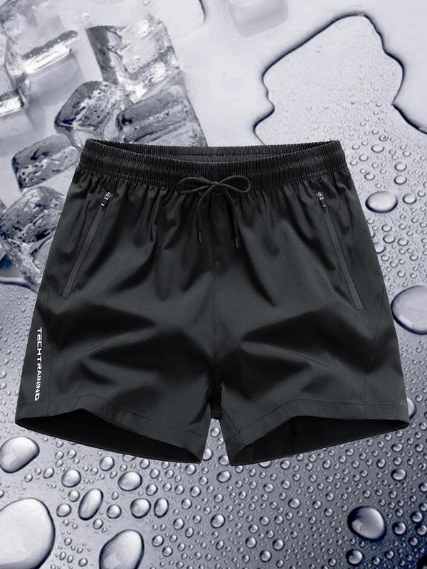 Men's Letter Print Drawstring Waist Shorts, Casual Zipper Pocket Shorts for Summer, Woven Bottoms for Men