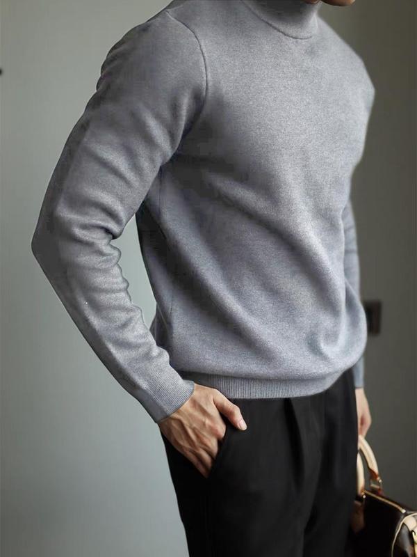 Men's Solid Mock Neck Sweater, Regular Fit Casual Long Sleeve Jumper for Fall & Winter, Men's Knitwear for Daily Wear