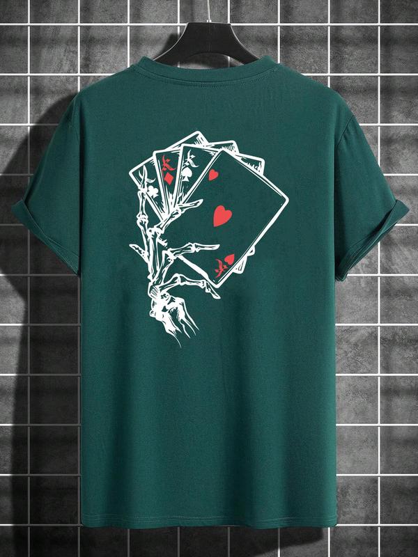 Unisex Men's Playing Card Print Drop Shoulder Tee, Vintage 90s Tops, Regular Fit Casual Comfy Short Sleeve Round Neck T-Shirt for Summer, Menswear for Daily Wear