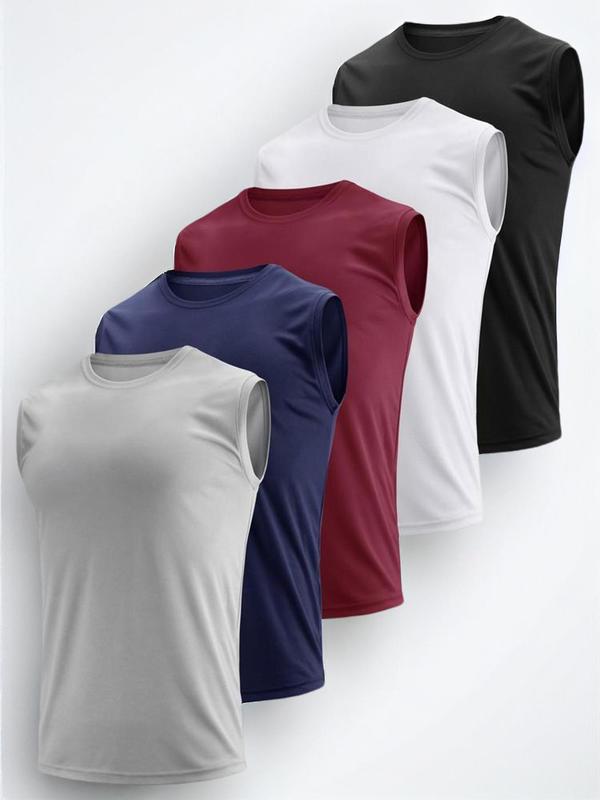 Men's 5pcs Plain Round Neck Tank Top, Casual Basic Sleeveless Top for Daily Wear, Men Summer Clothes