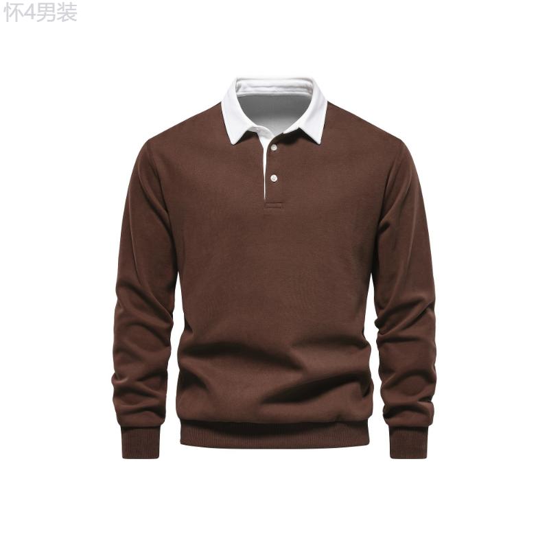 Cotton Blend Retro Color Block Men's Casual Pullover Long Sleeve Lapel Shirt For Spring Fall, Men's Clothing Collar Fabric