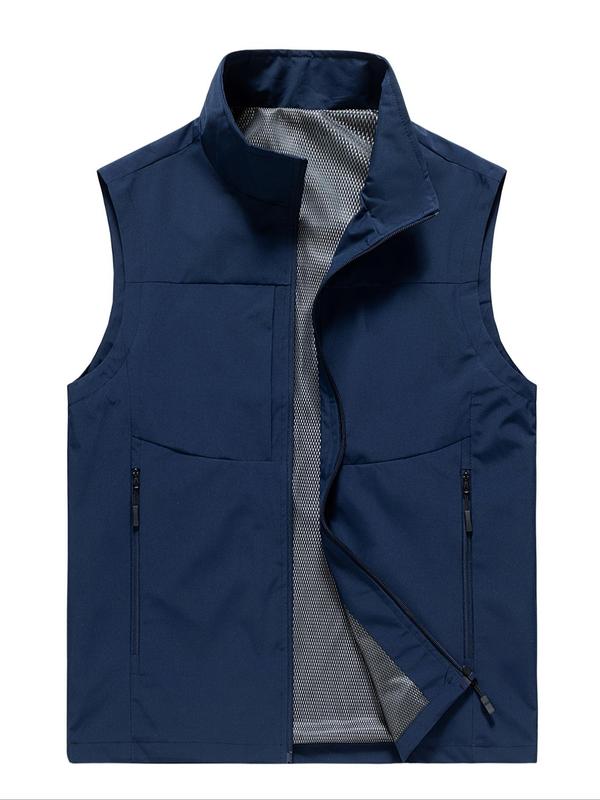 Men's Solid Zip Up Pocket Vest Jacket, Regular Fit Casual Stand Collar Sleeveless Outerwear for Spring & Fall, Men's Clothes for Daily Wear