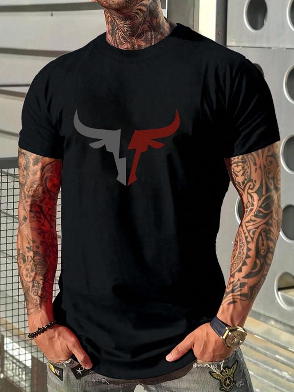 Men's Bull Print Round Neck Tee, Regular Fit Casual Streetwear Short Sleeve Graphic T-shirt, Men's Summer Clothes Tops for for Daily Wear, Summer Outfits 2024