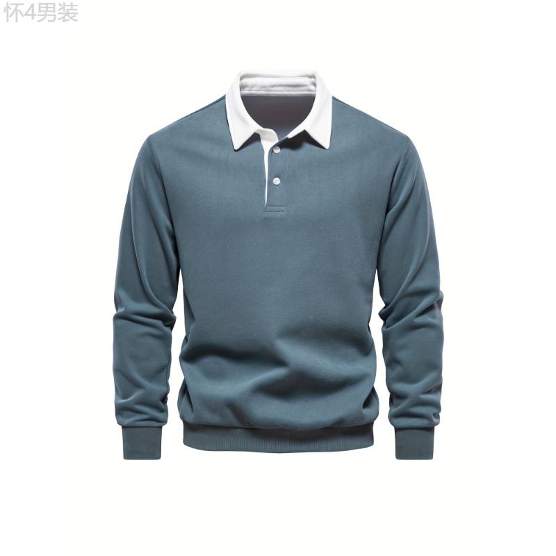 Cotton Blend Retro Color Block Men's Casual Pullover Long Sleeve Lapel Shirt For Spring Fall, Men's Clothing Collar Fabric