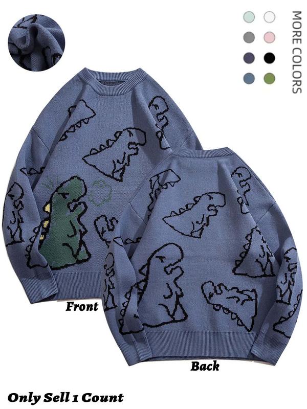 Unisex Sweater, Classic Trendy Print Round Neck Longsleeves Dinosaur Sweater, Loose Soft Crew Neck Jumper Tops for Fall & Winter, Sweater for Men, Back To School Outfits, Men's Spring Crewneck Sweatshirt Knitwear Clothes Fall Clothing Women