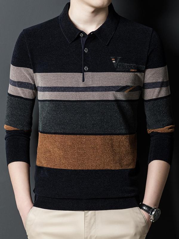 Men's Striped & Letter Print Polo Shirt, Casual Long Sleeve Half Button Top for Fall & Winter, Men's Clothes for Daily Wear