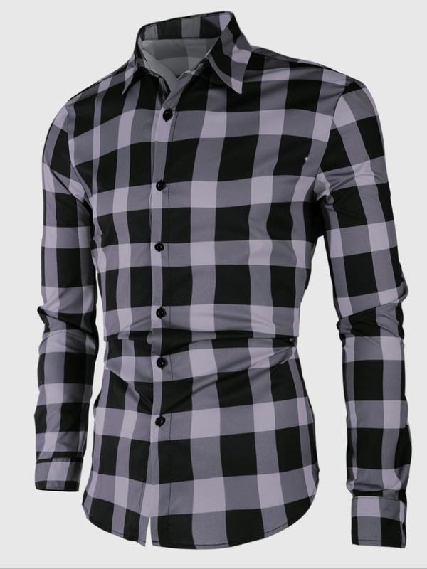 Men's Regular Fit Plaid Print Button Front Shirt, Long Sleeve Collar Button Up Top for All Seasons, Casual Men's Long Sleeve Streetwear Tops for Daily Wear