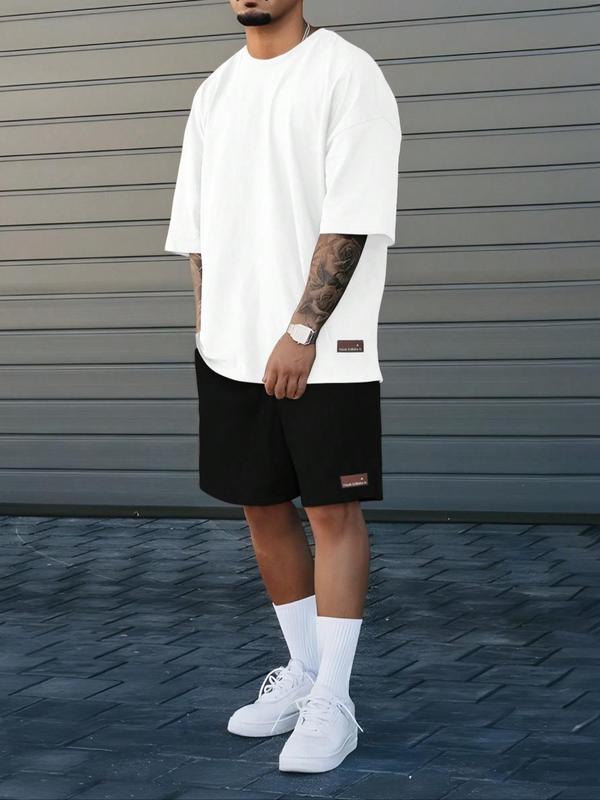 Men's Solid Drop Shoulder Short Sleeve Tee & Patched Drawstring Pocket Shorts Two-piece Set,  Outfit Sets for Men, Birthday Outfits 2024, Casual Cozy Breathable Two Piece Outfits for Outdoor, Going Out Outfits 2024