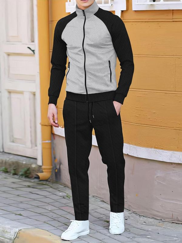 Two-piece Set Men's Colorblock Zip Up Pocket Jacket & Elastic Waist Pants Sportswear Set, Regular Fit Sporty Long Sleeve Outerwear & Trousers, Casual Spring & Fall Clothes for Men