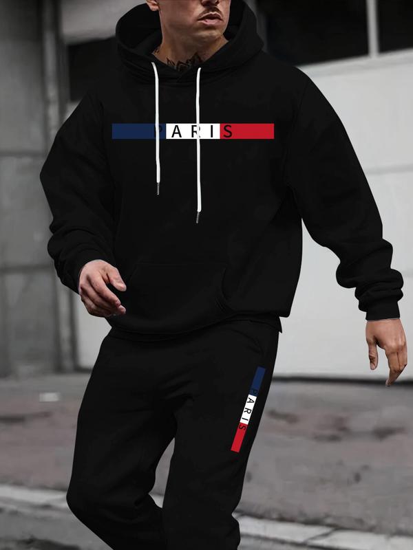 Men's Letter Print Drawstring Hoodie & Sweatpants Set, Casual Regular Fit Long Sleeve Hooded Sweatshirt & Pocket Jogger Pants, Men Two-piece Outfits for Fall & Winter