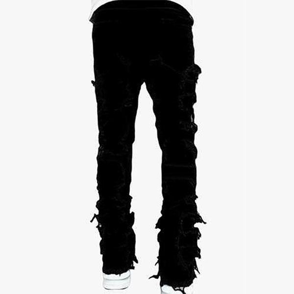 Men's Rugged Slim-Fit Jeans - Comfort Stretch Fabric, Distressed Patchwork Design, Frayed & Stacked Straight Leg, Modern Skinny Denim Pants