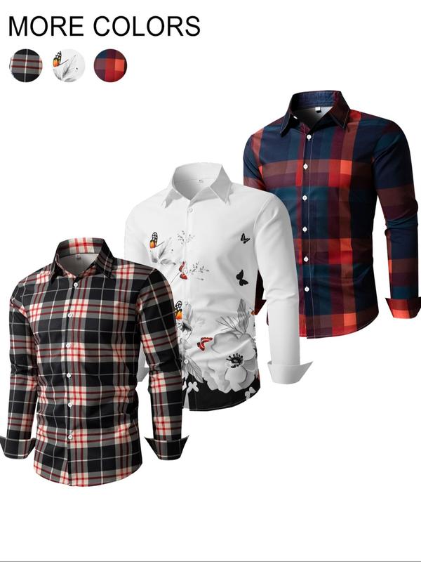 Men's Random Plaid Print Button Front Shirt, Casual Regular Fit Long Sleeve Collared Top for Fall & Winter, Men's Clothes for Daily Wear