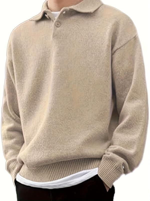 Men's Solid Drop Shoulder Cable Knit Polo Sweater, Regular Fit Casual Long Sleeve Button Collared Jumper for Fall & Winter, Men's Knitwear for Daily Wear