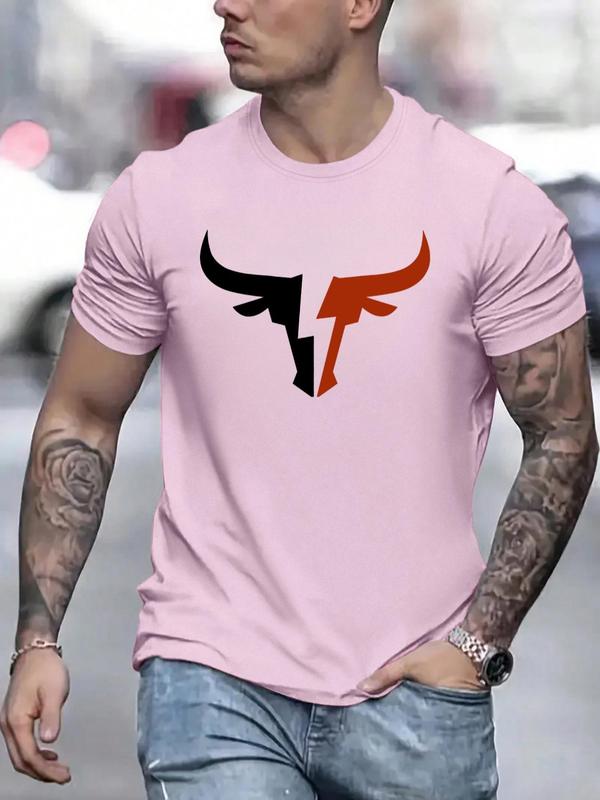 Men's Bull Print Round Neck Tee, Regular Fit Casual Streetwear Short Sleeve Graphic T-shirt, Men's Summer Clothes Tops for for Daily Wear, Summer Outfits 2024