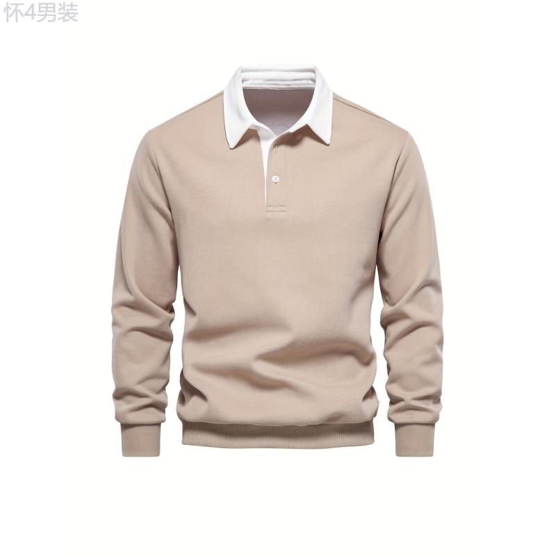 Cotton Blend Retro Color Block Men's Casual Pullover Long Sleeve Lapel Shirt For Spring Fall, Men's Clothing Collar Fabric