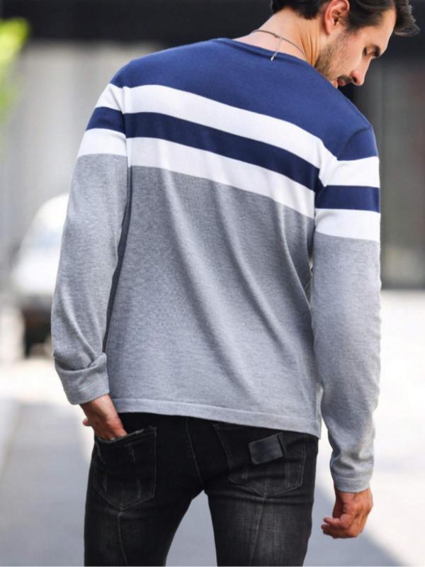 Men's Patchwork Round Neck Sweater, Casual Long Sleeve  Jumper for Fall & Winter, Fashion Men's Knitwear for Daily Wear