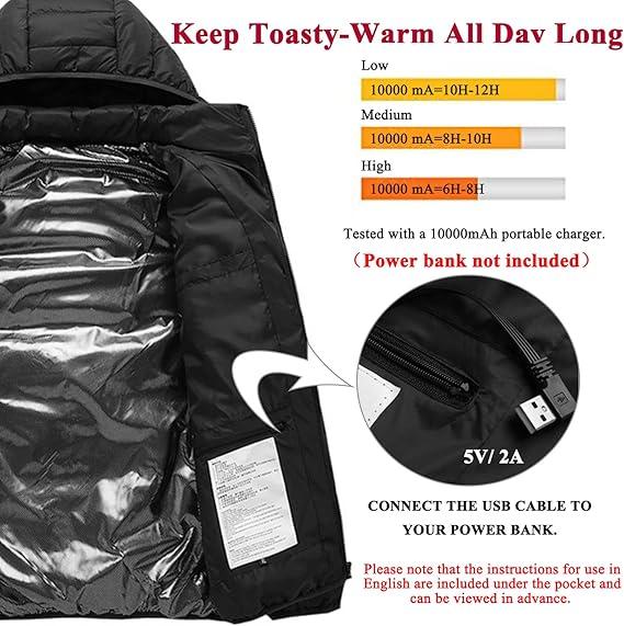 Versatile USB Heated Jacket for Men and Women - Detachable Hood, Warm and Waterproof for Sports Enthusiasts warm outerwear Women's Electric Menswear Coats